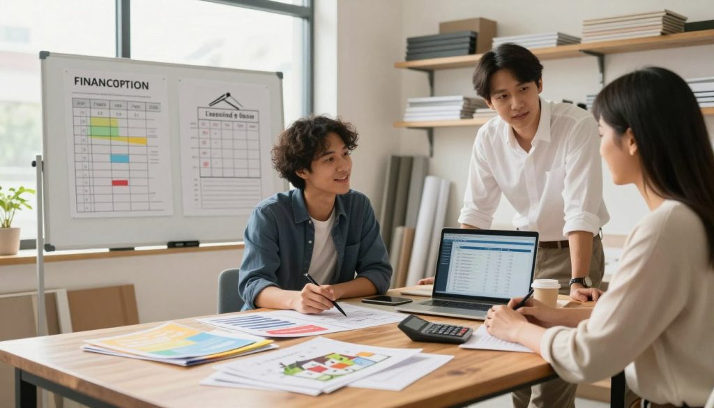 A cozy, well-lit home improvement office featuring a diverse group of three professionals engaged in discussion over various financing options for home renovation. In the foreground, a sleek wooden desk holds colorful brochures and sample house plans, along with a calculator and a laptop open to a financial software program. In the middle ground, a large whiteboard displays graphical illustrations of loan options and budget plans. The background shows a bright window with sunlight streaming in, illuminating shelves filled with design materials. The professionals, dressed in smart casual attire, appear focused and collaborative, creating a positive, motivating atmosphere of innovation and financial empowerment. The image should reflect a modern aesthetic with soft, natural lighting, creating warmth and approachability.