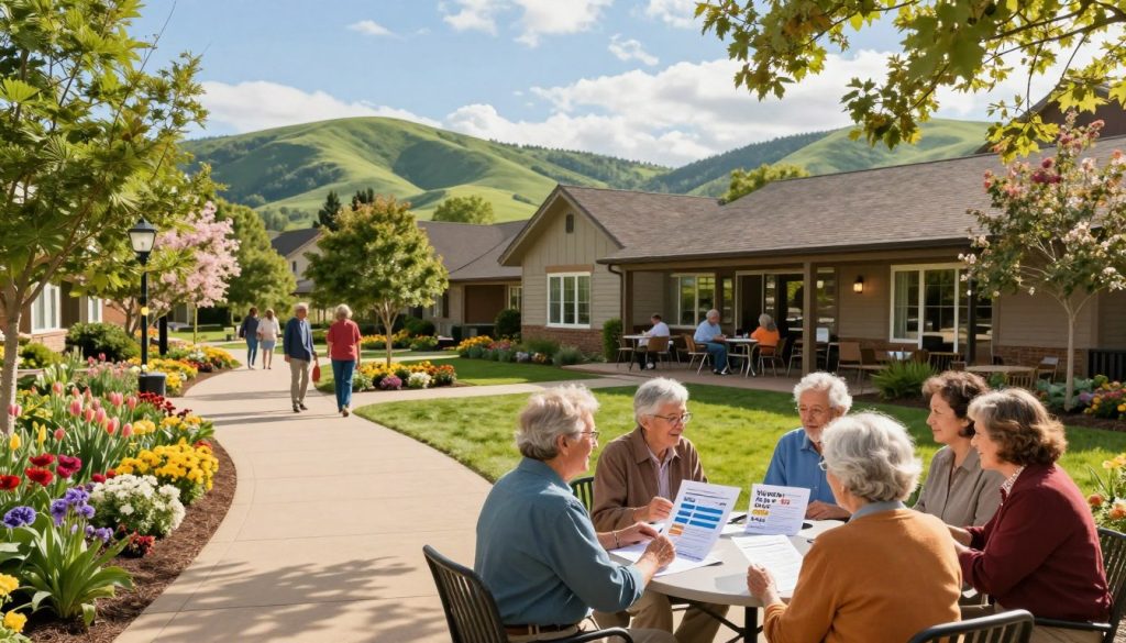 A serene and inviting retirement community setting, showcasing a beautifully landscaped area with walking paths lined with flowers and trees in full bloom. In the foreground, a diverse group of older adults, dressed in smart casual clothing, engage in discussions around a round table, reviewing materials and charts about pricing options. In the middle, a welcoming community building with large windows and an outdoor patio can be seen, suggesting a vibrant social atmosphere. The background features rolling green hills under a bright blue sky with soft, warm sunlight casting gentle shadows, creating a peaceful and optimistic mood. Capture this scene from a slightly elevated angle to provide a comprehensive view of the harmonious environment, highlighting both the community spirit and the distinct elements of independent living costs.