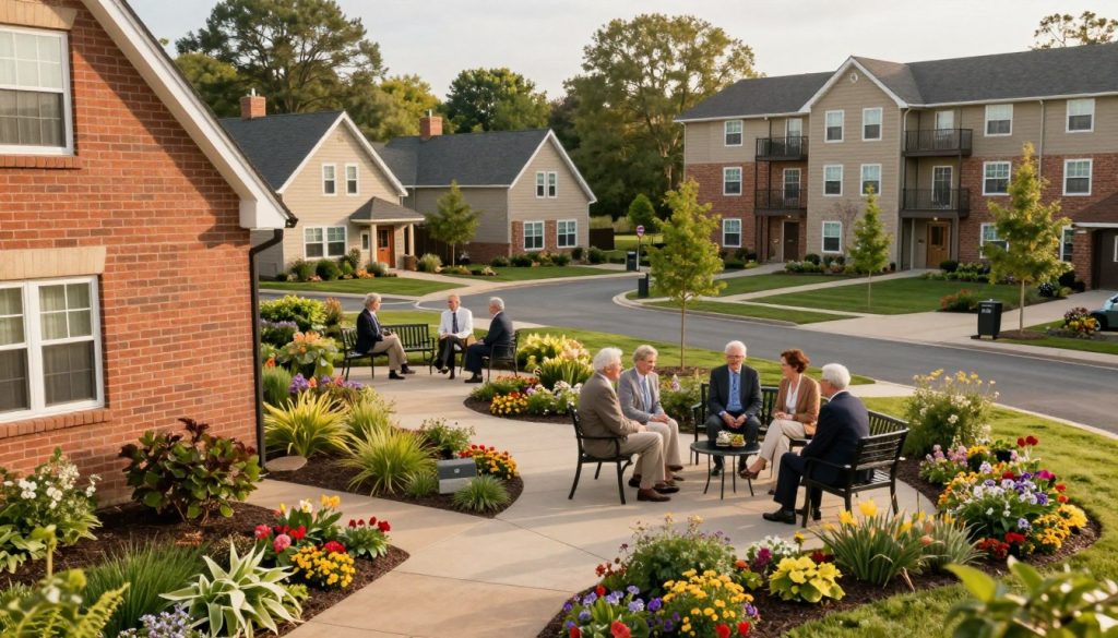 A serene and inviting senior housing community, showcasing a variety of modern residential options. In the foreground, a well-maintained garden with colorful flowers and pathways leads towards a charming brick building. In the middle ground, several seniors, dressed in professional business attire, are engaged in conversation while sitting on benches and enjoying the outdoors. The background features a mix of cottage-style homes and a larger multi-story apartment building, all surrounded by lush greenery and trees. The scene is bathed in warm, golden sunlight, creating a welcoming atmosphere. The angle captures a slight aerial view to convey the layout and diversity of housing options, emphasizing the sense of community and comfort.