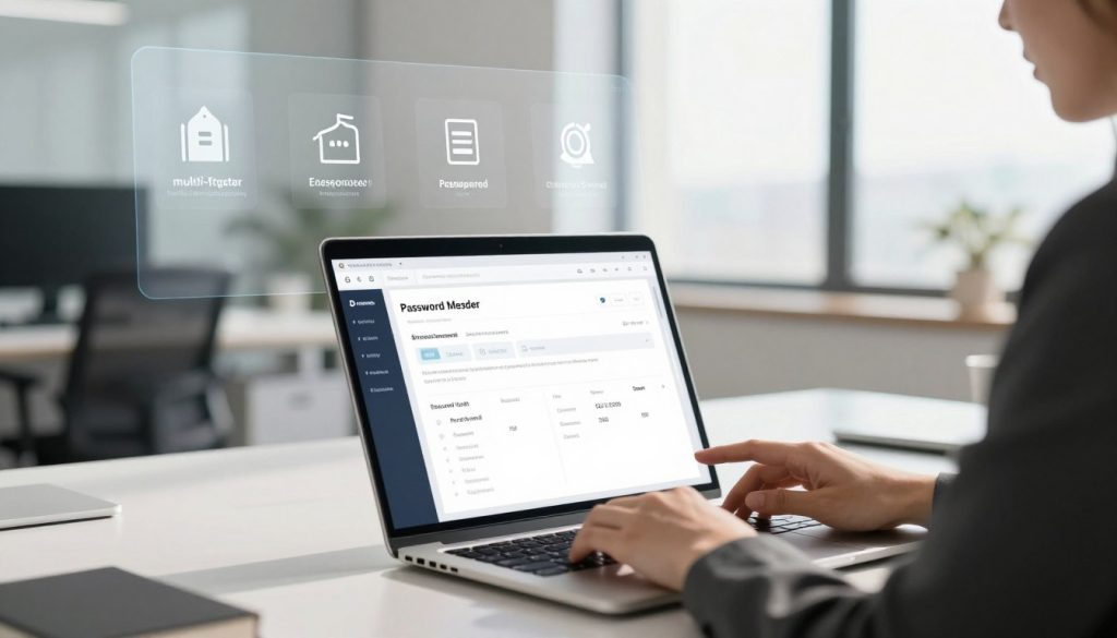 A sleek, modern workspace showcasing a laptop open to a password manager application interface. In the foreground, a business professional in smart attire is reviewing password management features, such as strong password generator and secured vault options. The middle ground highlights a digital screen overlay displaying icons for multi-factor authentication, encrypted storage, and user-friendly dashboard design. The background features a bright and airy office with soft natural light coming through large windows, casting gentle shadows. The overall mood is innovative and organized, evoking a sense of security and trust in digital management. Use a wide-angle lens effect to capture the environment, ensuring a sharp focus on the application interface while softly blurring the background for depth.