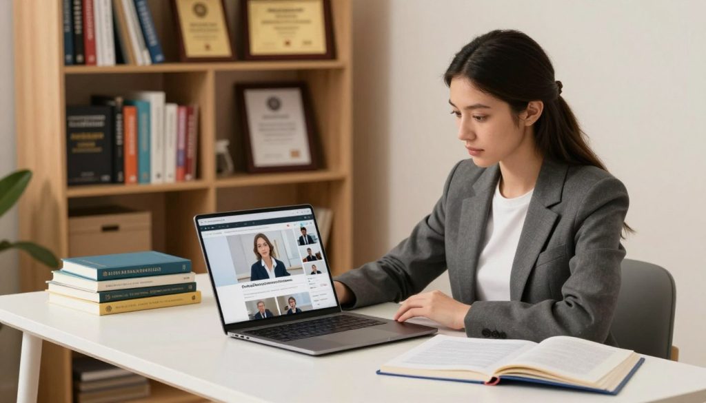 A well-organized study space showcasing accredited online degree programs. In the foreground, a sleek modern desk with a laptop displaying an online classroom interface, surrounded by textbooks and study materials. In the middle ground, a young woman in professional business attire, focused on her work, with her hair neatly styled, embodying determination and ambition. In the background, a vibrant bookshelf filled with educational resources and accolades symbolizing academic achievement. Soft, warm lighting creates an inviting atmosphere, enhancing the feeling of focus and productivity. The angle is slightly elevated, capturing the workspace from a dynamic perspective, suggesting a blend of comfort and professionalism typical of online learning environments.
